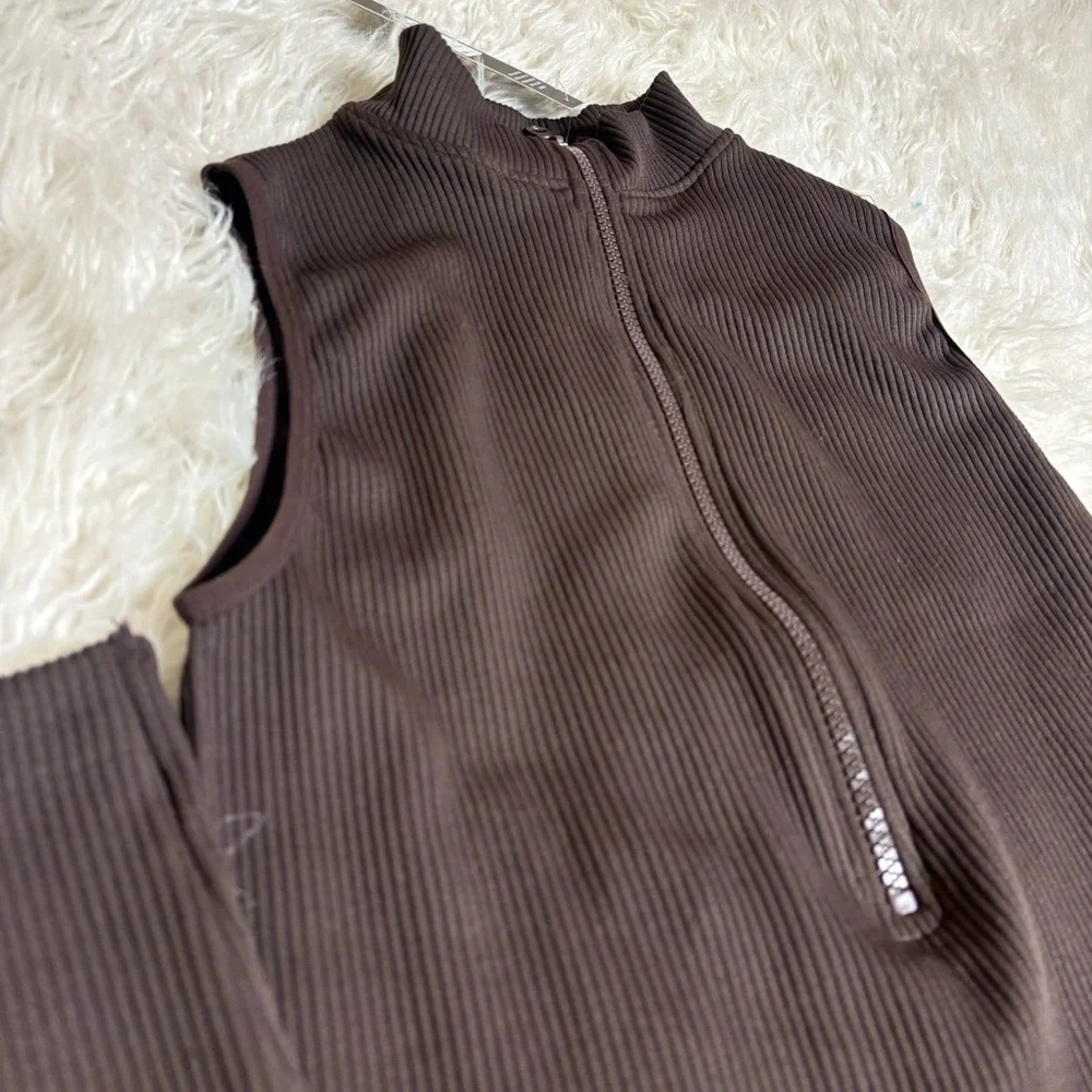 Brown Ribbed Women's Jumpsuit - Picture 7 of 9